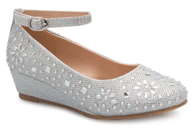 Olivia K Girl's Low Wedge Heel Ankle Strap Sparkly Rhinestone Shoes (Toddler/Little Girl), Silver 3 - Image 1